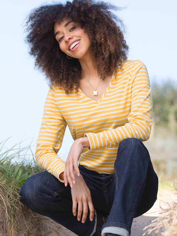Tarrant V-neck jersey top ochre stripe