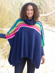 Kite - Womens organic cotton Poole knit poncho - Rainbow stripe design - Midweight knitwear