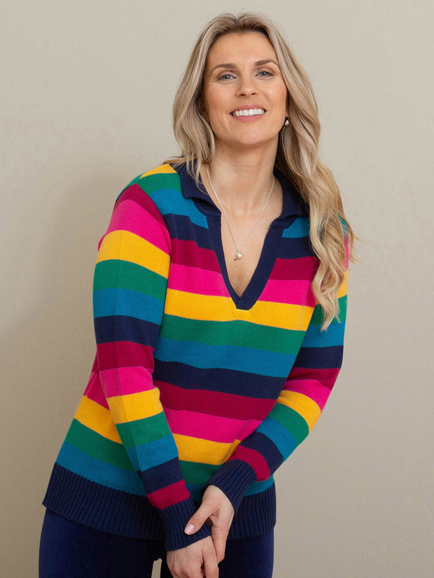 Kite - Womens organic cotton Worbarrow knit jumper - Rainbow stripe design - Midweight knitwear